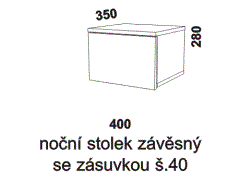 Noční stolek Notaxo závěsný se zásuvkou - rozměrový nákres. Šířka nočního stolku je 40 cm. Kvalitní výrobek. Provedení LTD. Více barevných dezénů. 