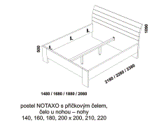 Kvalitní postel Notaxo - rozměrový nákres. Příčkové zadní čelo. Přední čelo - nohy. Provedení LTD. Více barevných odstínů.
