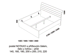 Kvalitní postel Notaxo - rozměrový nákres. Příčkové zadní čelo. Plné přední čelo. Provedení LTD. Více barevných odstínů.