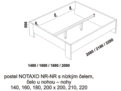 Kvalitní postel Notaxo - rozměrový nákres. Nízké zadní čelo. Přední čelo - nohy. Provedení LTD. Více barevných odstínů.