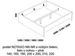 Kvalitní postel Notaxo - rozměrový nákres. Nízké zadní čelo. Plné přední čelo. Provedení LTD. Více barevných odstínů.