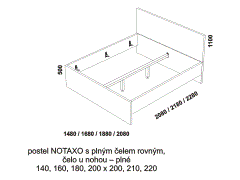 Kvalitní postel Notaxo - rozměrový nákres. Plné rovné zadní čelo. Přední čelo plné. Provedení LTD. Více barevných odstínů.