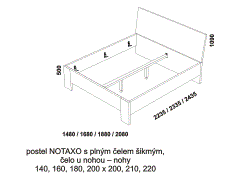 Kvalitní postel Notaxo - rozměrový nákres. Plné šikmé zadní čelo. Přední čelo nohy. Provedení LTD. Více barevných odstínů.