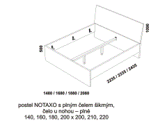 Kvalitní postel Notaxo - rozměrový nákres. Plné šikmé zadní čelo. Přední čelo plné. Provedení LTD. Více barevných odstínů.