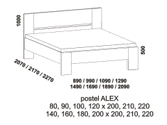 Postel Alex z masivu – rozměrový nákres. Rovné nebo zaoblené hrany bočnic. Provedení: masivní jádrový buk. Více barevných odstínů. Český výrobek.