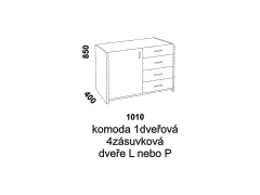 Komoda Mona 1dveřová 4zásuvková z masivu – rozměrový nákres. Vysoká kvalita. Provedení: jádrový buk. Více barevných odstínů. Povrchová úprava: lak.