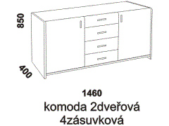 Komoda Mona 2dveřová 4zásuvková z masivu – rozměrový nákres. Vysoká kvalita. Provedení: jádrový buk. Více barevných odstínů. Povrchová úprava: lak.