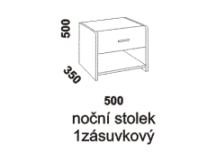 Noční stolek Mona 1zásuvkový z masivu – rozměrový nákres. Vysoká kvalita. Provedení: jádrový buk, dub. Více barevných odstínů. Český výrobek.