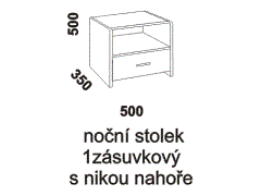 Noční stolek Mona 1zásuvkový s nikou nahoře z masivu – rozměrový nákres. Vysoká kvalita. Provedení: jádrový buk. Více barevných odstínů. Český výrobek.