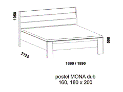 Postel Mona z masivu – rozměrový nákres. Rovné nebo zaoblené hrany bočnic. Provedení: masivní dub. Vysoká kvalita. Český výrobek.