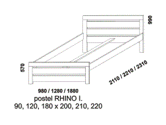 Postel Rhino I, masivní smrk, rozměry Postel Rhino I z masivu - rozměrový nákres. Provedení: masivní smrk. Kvalitní zpracování. Česká výroba.