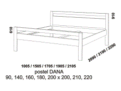 Postel Dana z masivu, buk, dub, ořech, rozměry Postel Dana z masivu - rozměrový nákres. Provedení: masivní buk, dub, ořech. Obě čela rovná s otvorem. Vysoká kvalita.