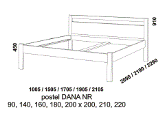 Postel Dana z masivu, nízké čelo u nohou, rozměry Postel Dana z masivu - rozměrový nákres. Provedení: masivní buk, dub, ořech. Zadní čelo rovné s otvorem. Přední čelo nízké rovné.