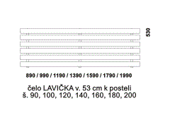 Čelo Lavička k posteli Hana z masivu, výška 53 cm, rozměry Čelo Lavička k posteli Hana z masivu. Rozměrový nákres. Výška čela od horní hrany rámu postele je 53 cm. Česká výroba.