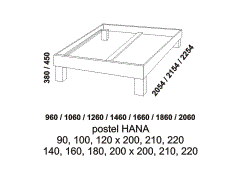 Rám postele Hana, různé druhy masivu, rozměry Rám postele Hana z masivu - rozměrový nákres. Různé druhy masivního dřeva. Rám postele je možné kombinovat s různými čely. Česká výroba.
