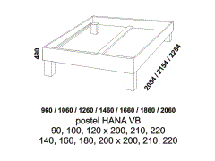 Rám postele Hana, vysoké bočnice, masiv, rozměry Rám postele Hana z masivu - rozměrový nákres. Vysoké bočnice. Rám postele je možné kombinovat s různými čely. Česká výroba.