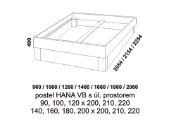 Rám postele Hana s úložným prostorem, vysoké bočnice, masiv, rozměry Rám postele Hana s úložným prostorem - rozměrový nákres. Vysoké bočnice. Rám postele lze kombinovat s různými čely. Úložný prostor je pevnou součástí postele.