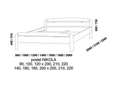 Postel Nikola z masivu, různé druhy dřevin, rozměry Masivní postel Nikola. Rozměrový nákres. Různé druhy dřevin. Vysoká kvalita. Český výrobek.