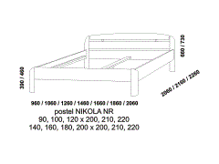 Postel Nikola z masivu, nízké čelo u nohou, rozměry Masivní postel Nikola. Rozměrový nákres. Nízké rovné čelo u nohou. Různé druhy dřevin. Vysoká kvalita. Český výrobek.