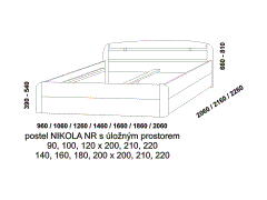 Postel Nikola s úložným prostorem, nízké čelo u nohou, rozměry Postel Nikola s úložným prostorem. Rozměrový nákres. Nízké rovné čelo u nohou. Různé druhy dřevin. Český výrobek. Úložný prostor je pevnou součástí postele.