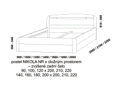 Postel Nikola s úložným prostorem, nízké čelo u nohou, zvýšené zadní čelo, rozměry Postel Nikola s úložným prostorem. Rozměrový nákres. Zvýšené čelo u hlavy. Nízké rovné čelo u nohou. Úložný prostor je pevnou součástí postele.