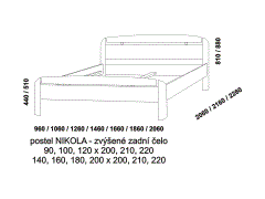Postel Nikola z masivu, různé druhy dřevin, zvýšené zadní čelo, rozměry Masivní postel Nikola. Zvýšené čelo u hlavy. Rozměrový nákres. Různé druhy dřevin. Vysoká kvalita. Český výrobek.