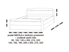 Postel Nikola, s úložným prostorem, zvýšené zadní čelo, rozměry Postel Nikola s úložným prostorem. Zvýšené čelo u hlavy. Rozměrový nákres. Různé druhy dřevin. Český výrobek. Úložný prostor je pevnou součástí postele.