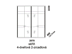 Skříň 4-dveřová Nikola, se zrcadly, masiv a přírodní dýha, rozměry Skříň Nikola 4-dveřová se zrcadly - rozměrový nákres. Vhodná do ložnice. Masiv v kombinaci s přírodní dýhou. Různé druhy dřevin. Česká výroba.