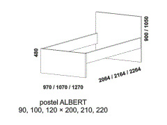 Jednopostel Albert, lamino, rozměry Jednopostel Albert – rozměrový nákres. Provedení LTD. Široká nabídka barevných dezénů. Na výběr jsou 2 různé výšky zadního čela postele. Česká výroba.