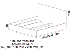 Postel Carmen, lamino, rozměry Postel Carmen – rozměrový nákres. Provedení LTD. Široká nabídka barevných dezénů. Levitující postel. Česká výroba.