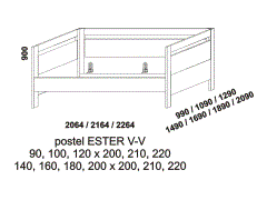 Postel Ester, vysoká čela, lamino, rozměry Postel Ester – rozměrový nákres. Obě čela vysoká. Provedení LTD. Více barevných odstínů. Na výběr jsou rovné nebo zaoblené hrany čel postele.