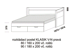Rozkládací postel Klasik V-N pravá, lamino, rozměry část 2 Rozkládací postel Klasik V-N pravá - rozložená. Rozměrový nákres. Provedení LTD. Do postelí lze použít systém matrací sedák a opěrák nebo 3-dílnou matraci.