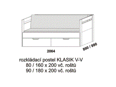 Rozkládací postel Klasik V-V, lamino, rozměry část 1 Rozkládací postel Klasik V-V - složená. Rozměrový nákres. Provedení LTD. Do postelí lze použít systém matrací sedák a opěrák nebo 3-dílnou matraci.