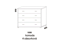 Komoda Line, se zásuvkami, lamino, rozměry Komoda Line 4-zásuvková - rozměrový nákres. Provedení LTD. Vhodná do ložnice. Český výrobek. Různé druhy úchytek. Zaoblené rádiusové hrany.