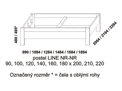 Postel Line, lamino, nízká čela, rozměry Postel Line, obě čela nízká - rozměrový nákres. Provedení LTD. Široká nabídka barevných odstínů. Rovné nebo zaoblené rohy čel postele. Vysoká kvalita.