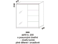 Skříň s posuvnými dveřmi Line, šíře 200, plné dělené a zrcadlové dveře, lamino, rozměry Skříň Line s posuvnými dveřmi - rozměrový nákres. Šíře 200 cm. Vhodná do ložnice. Plné dělené a zrcadlové dveře. Provedení: LTD. Více barevných dezénů.