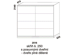 Skříň s posuvnými dveřmi Line, šíře 250, plné dělené dveře, lamino, rozměry Skříň Line s posuvnými dveřmi - rozměrový nákres. Šíře 250 cm. Vhodná do ložnice. Dveře dělené plné. Provedení: LTD. Více barevných dezénů. Česká výroba.