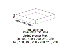 Úložný prostor Max Line, lamino, rozměry Úložný prostor Max Line, provedení lamino - rozměrový nákres. Do lůžka doporučujeme použít rošt s odklápěním. Český výrobek.