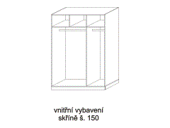 Vnitřní vybavení skříně, šíře 150, rozměry Vnitřní vybavení skříně, šířka 150 - rozměrový nákres. Široký díl: zásuvkový modul T a šatní tyč. Úzký díl: police a šatní tyč.