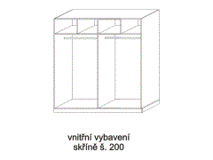 Vnitřní vybavení skříně, šíře 200, rozměry Vnitřní vybavení skříně, šířka 200 - rozměrový nákres. Široký díl: zásuvkový modul T a šatní tyč.