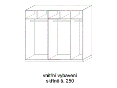 Vnitřní vybavení skříně, šíře 250, rozměry Vnitřní vybavení skříně, šířka 250 - rozměrový nákres. Široký díl: zásuvkový modul T a šatní tyč. Úzký díl: police a šatní tyč.
