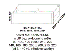 Postel Mariana, lamino, bez výklopného roštu s písty, nízká čela, rozměry Postel Mariana, provedení lamino - rozměrový nákres. Nízká čela. Součástí postele je praktický úložný prostor. Široký výběr barevných odstínů.