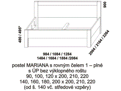 Postel Mariana, lamino, bez výklopného roštu s písty, plné čelo, rozměry Postel Mariana, provedení lamino - rozměrový nákres. Čelo plné. Součástí postele je praktický úložný prostor. Česká výroba. Velký výběr barevných dezénů.