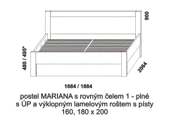 Postel Mariana, lamino, včetně výklopného roštu s písty, plné čelo, rozměry Postel Mariana, provedení lamino - rozměrový nákres. Čelo plné. Součástí postele je praktický úložný prostor a výklopný lamelový rošt s písty.
