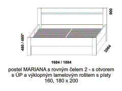 Postel Mariana, lamino, včetně výklopného roštu s písty, čelo s otvorem, rozměry Postel Mariana, provedení lamino - rozměrový nákres. Čelo s otvorem. Součástí postele je praktický úložný prostor a výklopný lamelový rošt s písty.