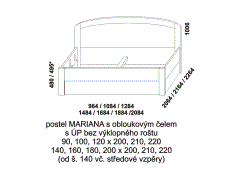 Postel Mariana, lamino, bez výklopného roštu s písty, obloukové čelo, rozměry Postel Mariana, provedení lamino - rozměrový nákres. Čelo obloukové. Součástí postele je praktický úložný prostor. Česká výroba. Velký výběr barevných dezénů.
