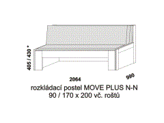 Rozkládací postel Move Plus N-N, lamino, rozměry část 1 Rozkládací postel Move Plus N-N - složená. Rozměrový nákres. Provedení LTD. Do postelí lze použít systém matrací sedák a opěrák nebo 3-dílnou matraci.