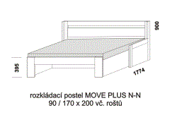 Rozkládací postel Move Plus N-N, lamino, rozměry část 2 Rozkládací postel Move Plus N-N - rozložená. Rozměrový nákres. Provedení LTD. Do postelí lze použít systém matrací sedák a opěrák nebo 3-dílnou matraci.