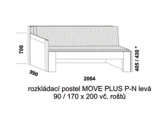 Rozkládací postel Move Plus P-N levá, lamino, rozměry část 1 Rozkládací postel Move Plus P-N levá - složená. Rozměrový nákres. Provedení LTD. Do postelí lze použít systém matrací sedák a opěrák nebo 3-dílnou matraci.