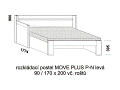 Rozkládací postel Move Plus P-N levá, lamino, rozměry část 2 Rozkládací postel Move Plus P-N levá - rozložená. Rozměrový nákres. Provedení LTD. Do postelí lze použít systém matrací sedák a opěrák nebo 3-dílnou matraci.